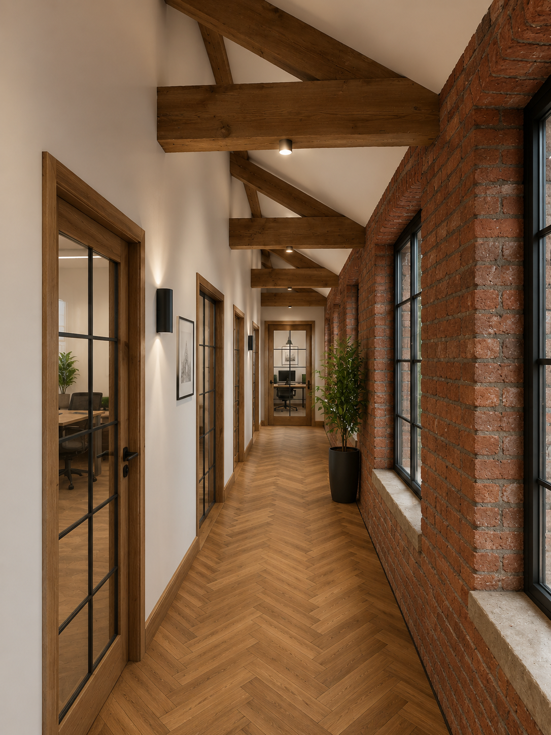 Refurbished hallway with heritage brick and exposed timber trusses