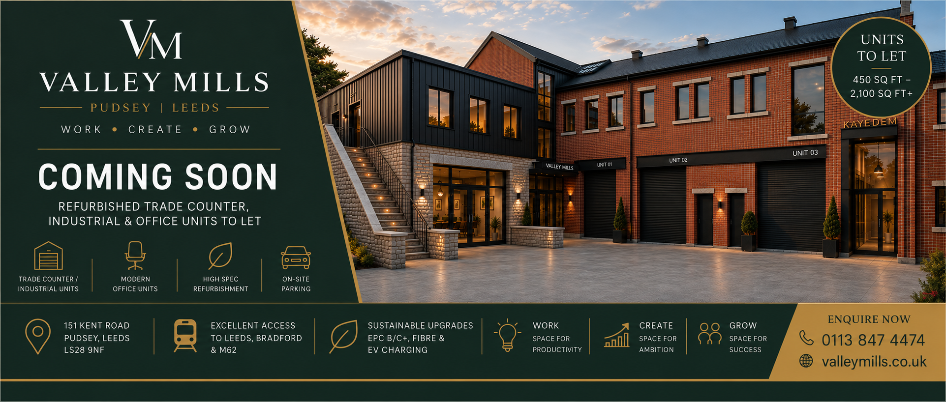 Valley Mills · Pudsey · Leeds — Coming Soon. Refurbished trade counter, industrial & office units to let.